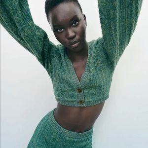 Zara Green knit cropped cardigan & high waisted trousers